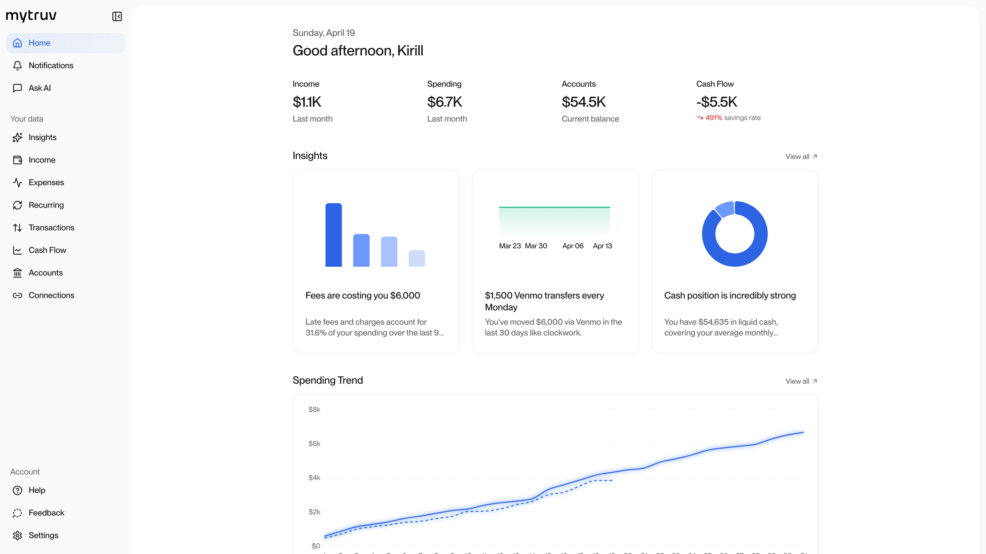 Summary screen showing accounts and debt balances