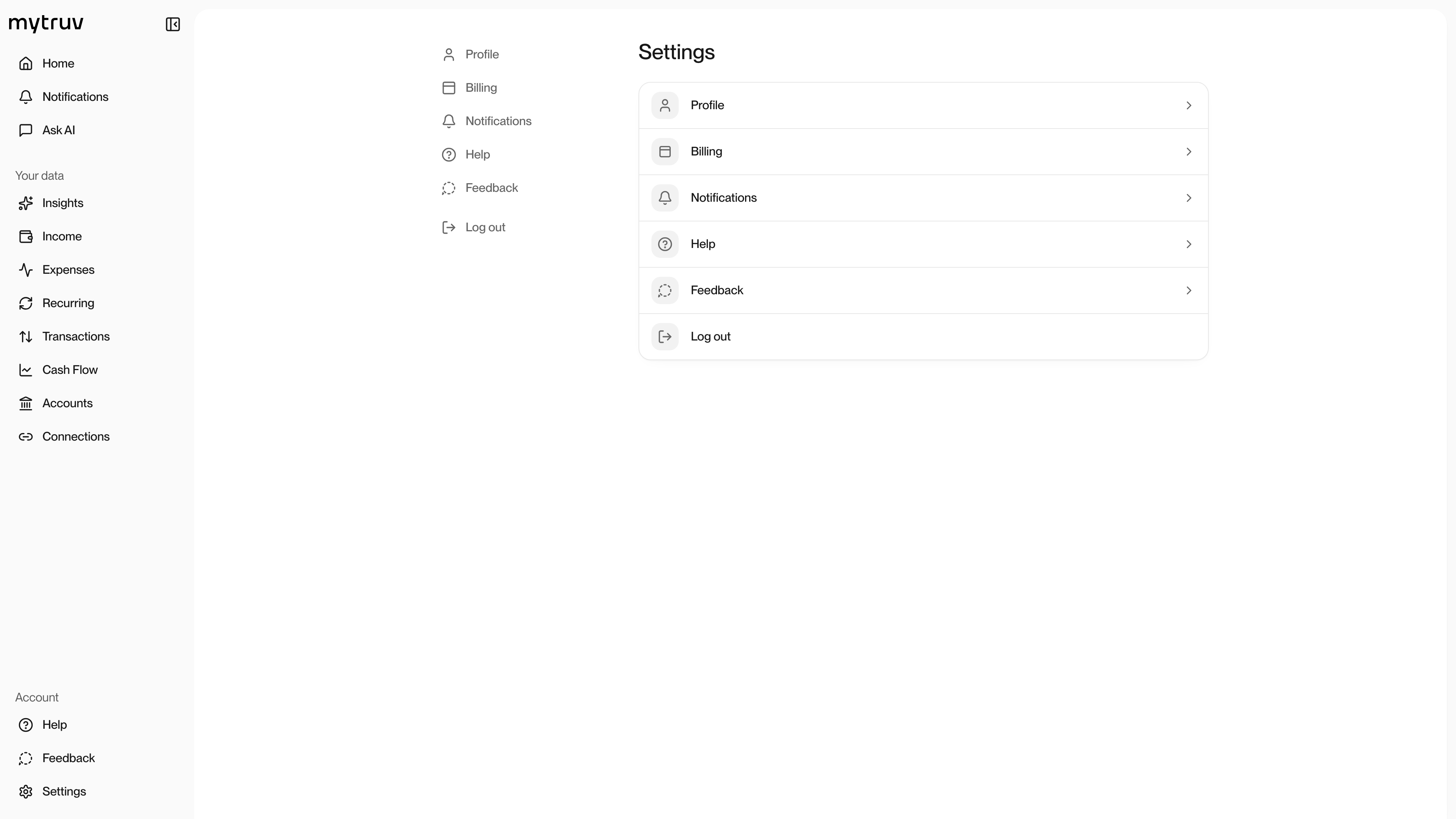 Settings screen with connected accounts