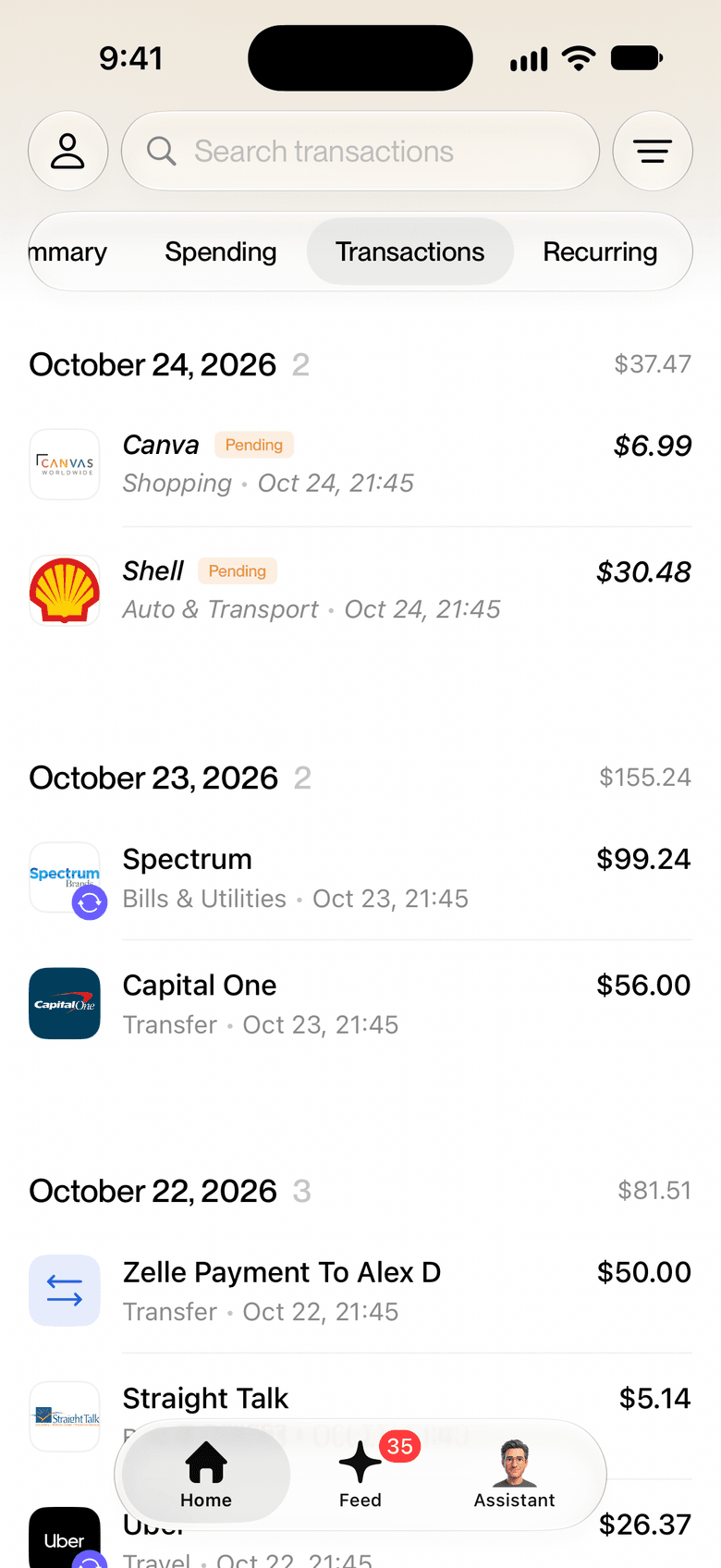 Transactions screen